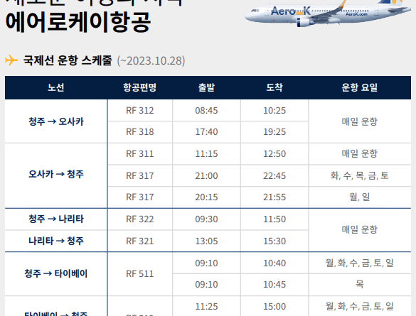 에어로케이항공 국제운항스케줄